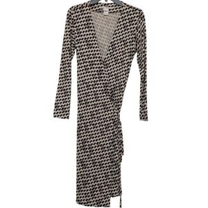 Diane von Furstenberg Silk Wrap Dress Black Cream Geometric Women's Size 10